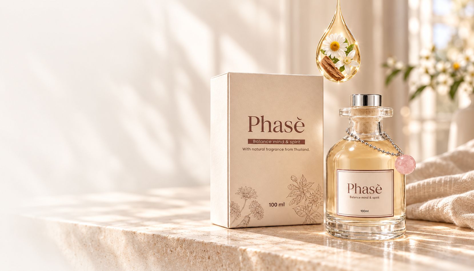 自然光下的 Phasè 玻璃瓶、水晶與植物香氣